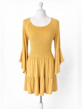 Time and Tru Mustard Yellow Smocked Boho Dress Flowy Sleeve Size M